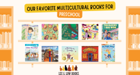 Graphic with words "Our Favorite Multicultural Books for Preschool" and 10 children's picture book covers on shelves with orange bookshelves on the sides and the Lee & Low logo on the bottom