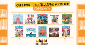 Graphic with words "Our Favorite Multicultural Books for Kindergarten" and 10 children's picture book covers on shelves with orange bookshelves on the sides and the Lee & Low logo on the bottom.