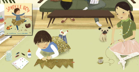 Cover of Sparkle Boy in front of spread from the book showing the siblings on the floor of the living room. The brother wears a sparkly skirt and makes a crown, while the sister wears a pink skirt and beads a necklace.