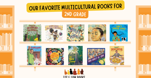 Graphic with words "Our Favorite Multicultural Books for Second Grade" and 10 children's picture book covers on shelves with orange bookshelves on the sides and the Lee & Low logo on the bottom.