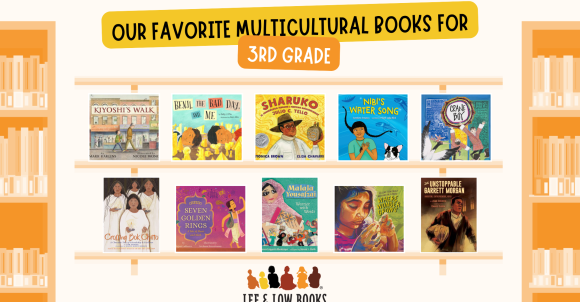 Graphic with words "Our Favorite Multicultural Books for Third Grade" and 10 children's picture book covers on shelves with orange bookshelves on the sides and the Lee & Low logo on the bottom.