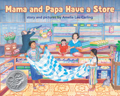 Cover of Mama and Papa Have a Store showing the family inside their colorful store with a mother and daughter folding a checkered blanket in front of the shop counter and siblings and the father in the background