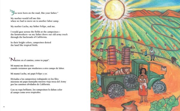 Interior spread #2 for Calling the Doves / El canto de las palomas by Juan Felipe Herrera and Elly Simmons