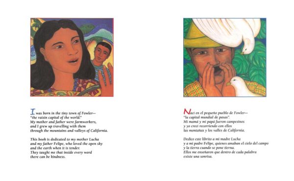 Interior spread #1 for Calling the Doves / El canto de las palomas by Juan Felipe Herrera and Elly Simmons