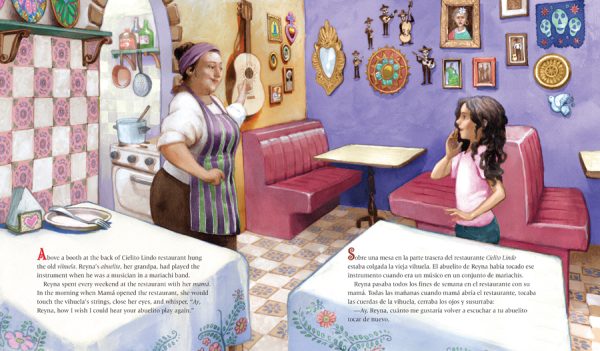 Interior spread #1 for Finding the Music / En pos de la música by Jennifer Torres and Renato Alarcão