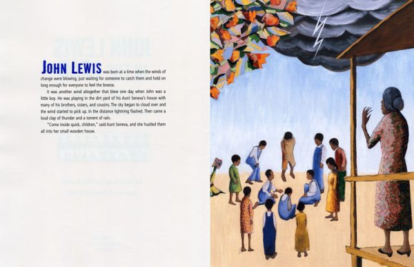 Interior spread #3 for John Lewis in the Lead by Jim Haskins; Kathleen Benson and Benny Andrews