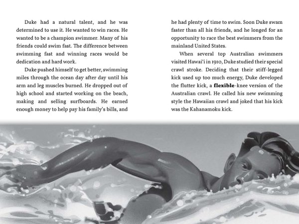 Interior spread #3 for The Story of Olympic Swimmer Duke Kahanamoku by Ellie Crowe and Richard Waldrep