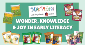 Green graphic for Wonder, Knowledge, & Joy in Early Literacy with Dr. Barbara Flores webinar showing Bebop Books covers