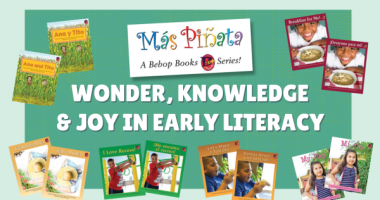 Green graphic for Wonder, Knowledge, & Joy in Early Literacy with Dr. Barbara Flores webinar showing Bebop Books covers