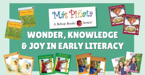 Green graphic for Wonder, Knowledge, & Joy in Early Literacy with Dr. Barbara Flores webinar showing Bebop Books covers