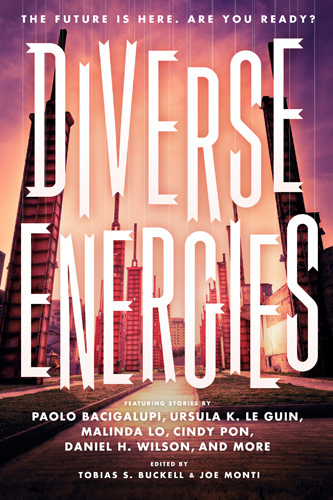 Cover of Diverse Energies, showing the title in large font across the whole image, with a skyline of tall buildings in the background.