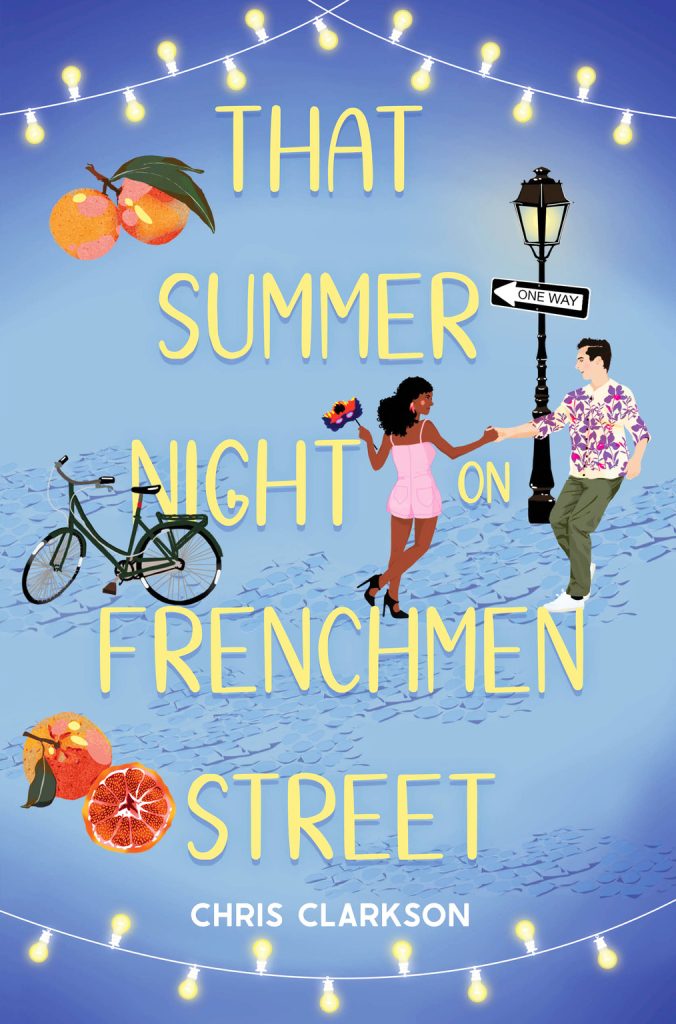 Cover of That Summer Night on Frenchmen Street, showing a couple dancing in an empty street by a lamppost. A lone bicycle is standing a few feet away from them. Some fruits decorate the top and bottom left corner of the cover, and the title is in big letters from top to bottom.