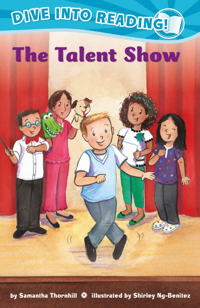 Cover of The Talent Show, showing a young boy dancing on stage while others look on excitedly behind him.