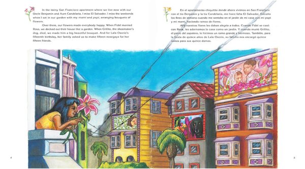 Interior spread #2 for Xochitl and the Flowers / Xóchitl, la Niña de las Flores by Jorge Argueta and Carl Angel