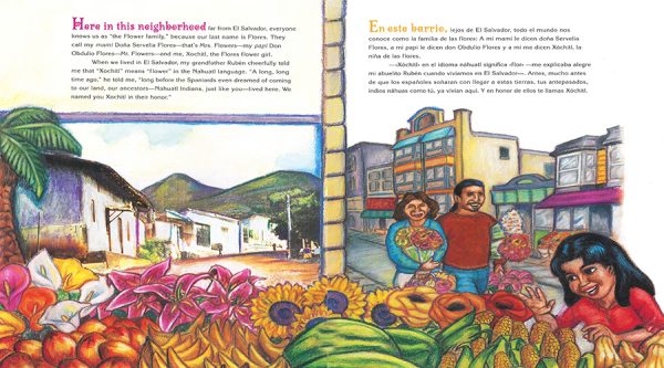 Interior spread #3 for Xochitl and the Flowers / Xóchitl, la Niña de las Flores by Jorge Argueta and Carl Angel