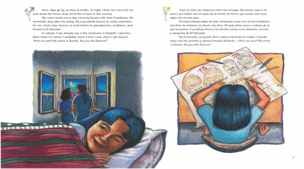 Interior spread #1 for Xochitl and the Flowers / Xóchitl, la Niña de las Flores by Jorge Argueta and Carl Angel