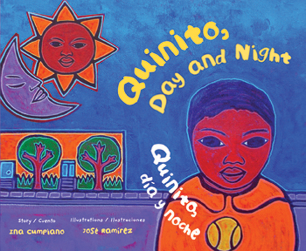 Cover of Quinito, Day and Night showing a sun, moon, trees in front of a building, and a child, all painted in bright colors