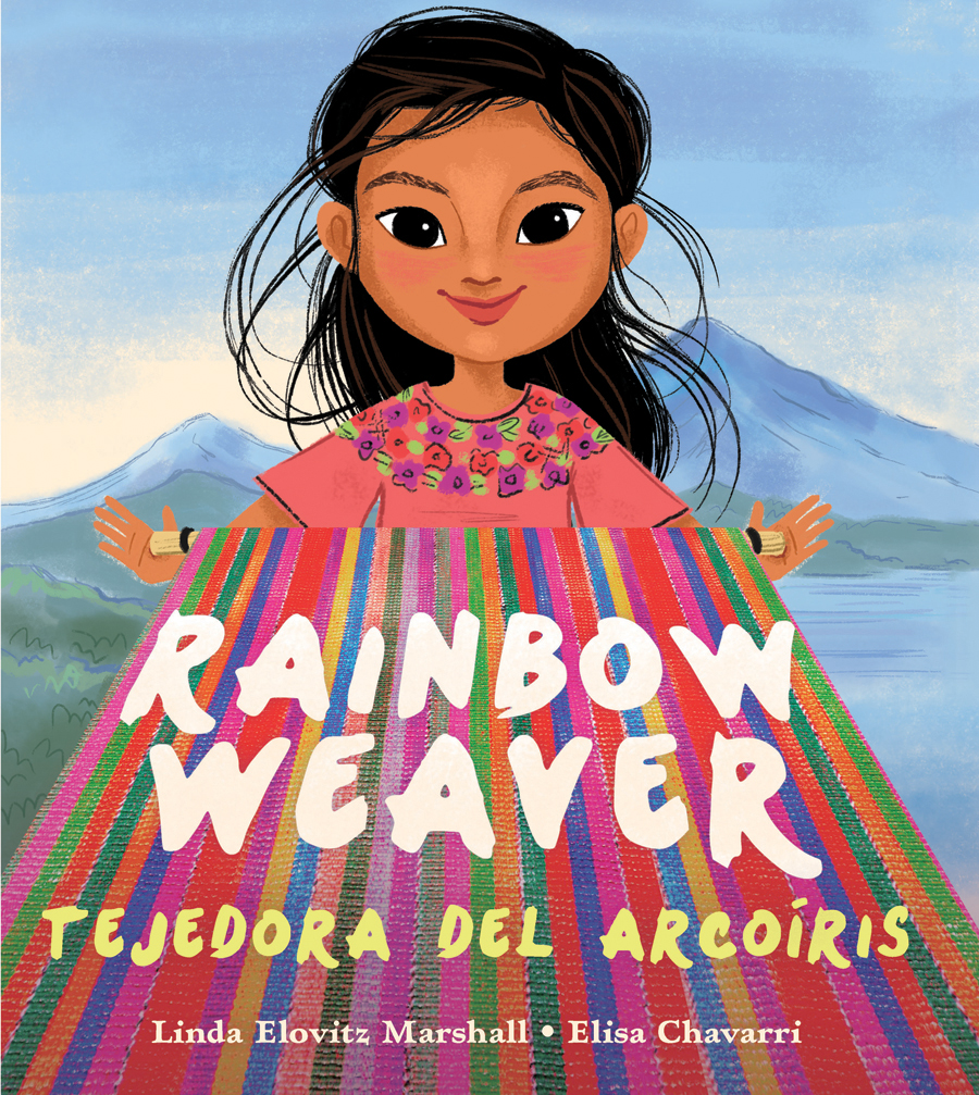 Cover of Rainbow Weaver showing a girl with long, black hair holding a rainbow tapestry with mountains in the background