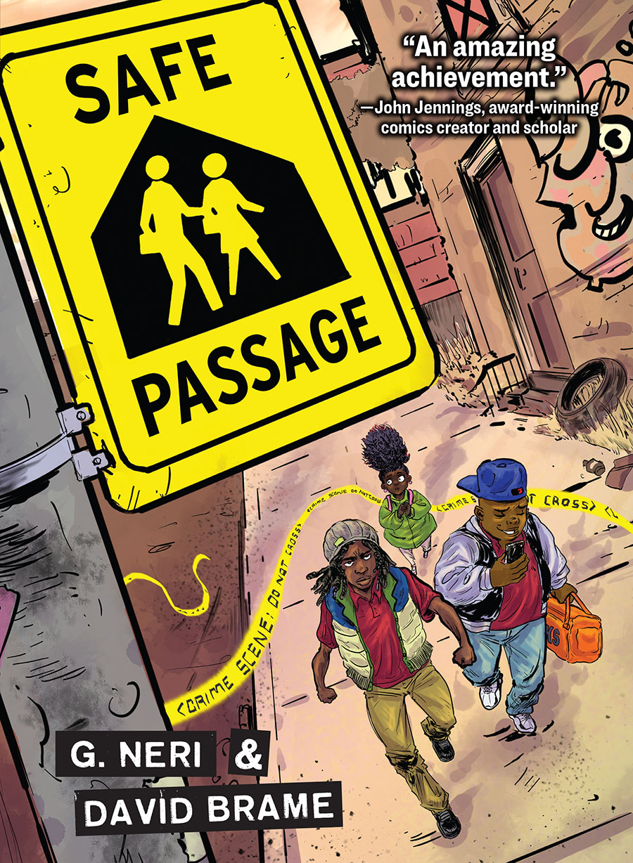 Cover of Safe Passage showing three young Black children walking on a city sidewalk with the Safe Passage road sign hanging from a pole above them