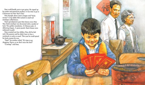 Interior spread #1 for Sam and the Lucky Money by Karen Chinn and Cornelius Van Wright; Ying-Hwa Hu