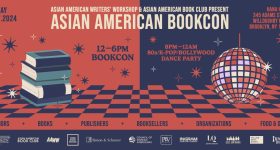 Red and blue asset with information about the Asian American Bookcon on Friday 9.27.24 from 12–6 PM at Hana House in Brooklyn, NY