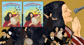 Mercedes Sosa art showing her singing and musicians smaller in her hair with the book covers in English and Spanish.