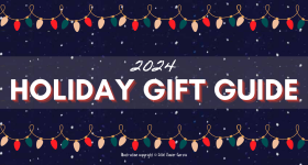 Dark blue sky background with white stars and a strand of red, green, and white lights above and below centered text that reads "2024 Holiday Gift Guide, Illustration." Small note at the bottom reads "Copyright 2008 Xavier Garza."