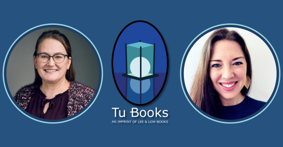 A photo of former Tu Books publisher Stacy Whitman sits to the left of the Tu Books imprint logo, while a photo of Senior Executive Editor of Novels Elise McMullen-Ciotti sits to the right of the logo.