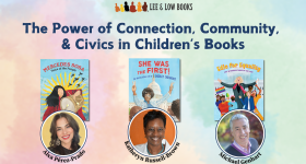 "The Power of Connection, Community, Civics Webinar" with Mercedes Sosa, She Was the First!, and Edie for Equality book covers above Aixa Pérez-Prado, Katheryn Russell-Brown & Michael Genhart headshots in front of a rainbow pastel background