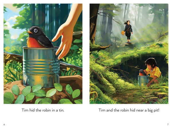 Interior spread #3 for Tim and Robin (Drumbeat Decodable Book Collection #5) by Sandra Samatte and Julian Grafenauer